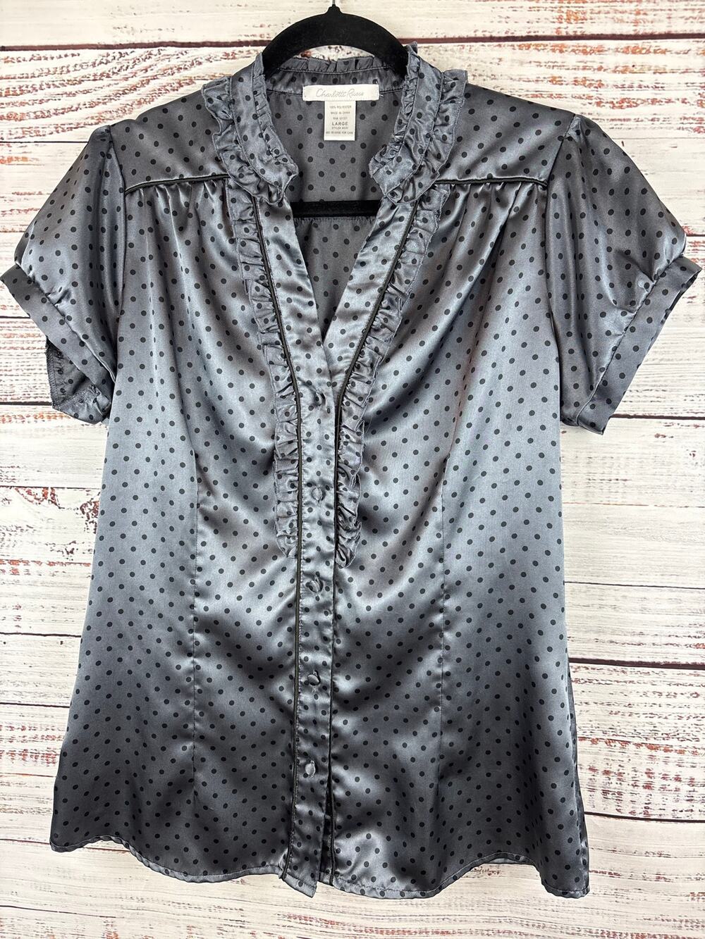 Y2K Charlotte Russe Gray Black Polka Dot Satin Button Up Top Office Womens L